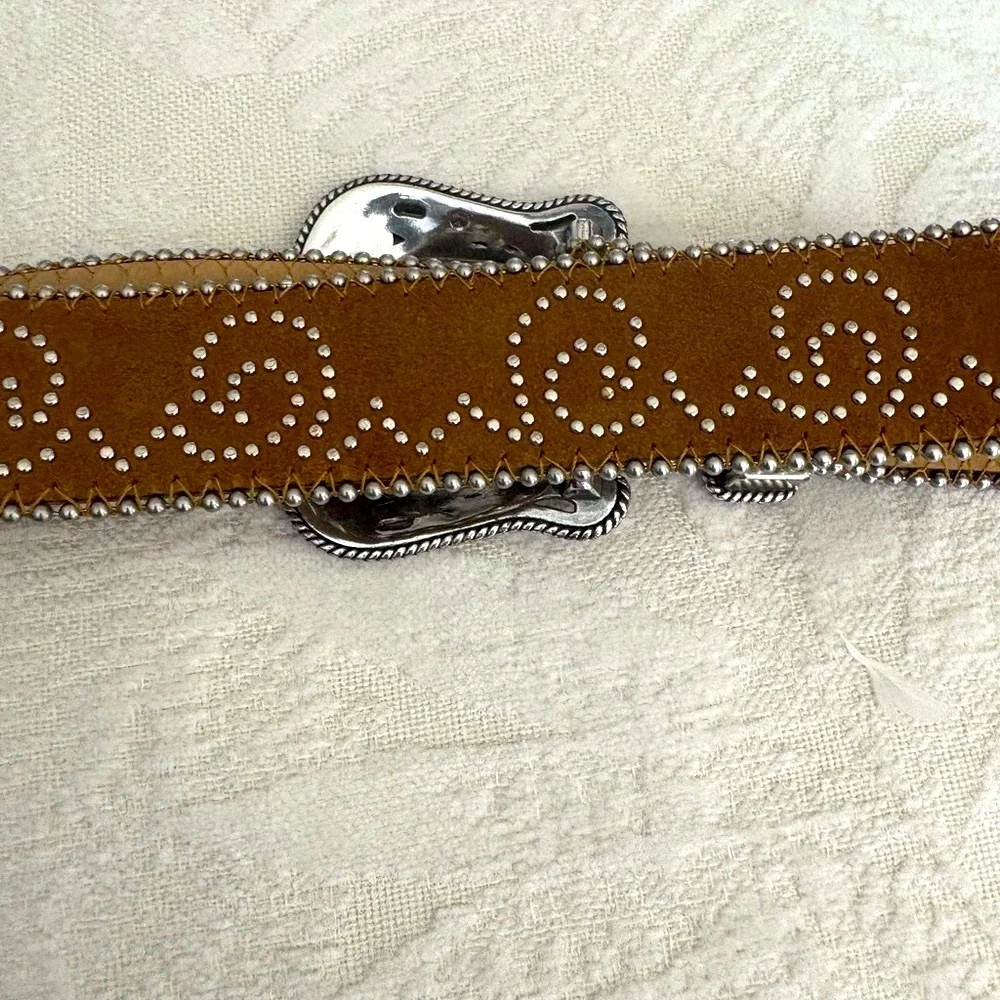 Tony Lama Brown Suede Belt 34 Crystal Heart Buckle Studded Western Cowgirl Y2K